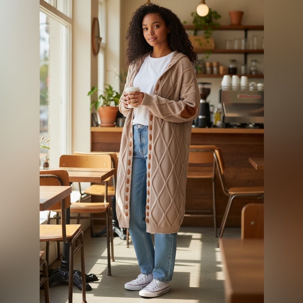 Tan and Carmel Colored Knit Long Hooded Lightweight Cardigan